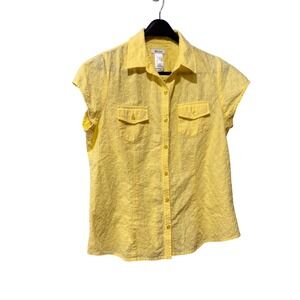 Liz & Co Womens Yellow Eyelet Floral Button Down Shirt Short Sleeve Cotton L